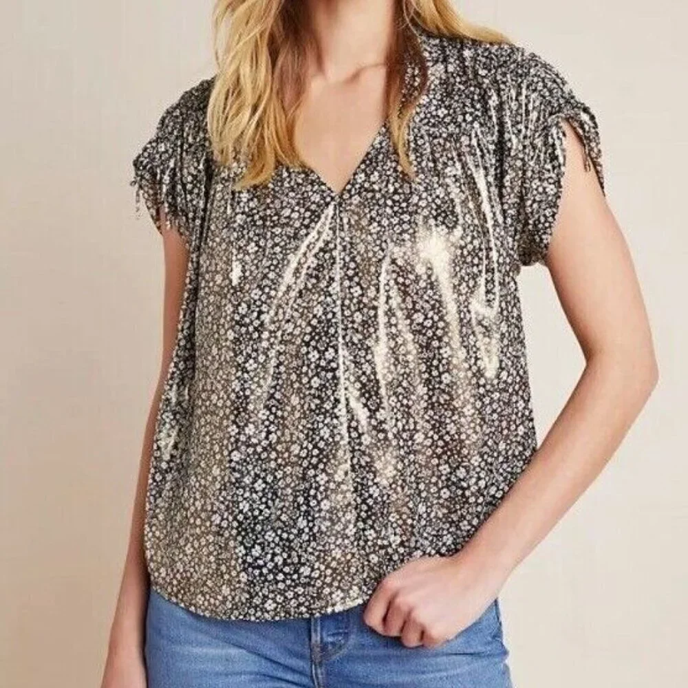 Anthropologie Metallic Top Womens Medium Gold Short Sleeve V-Neck Floral Blouse